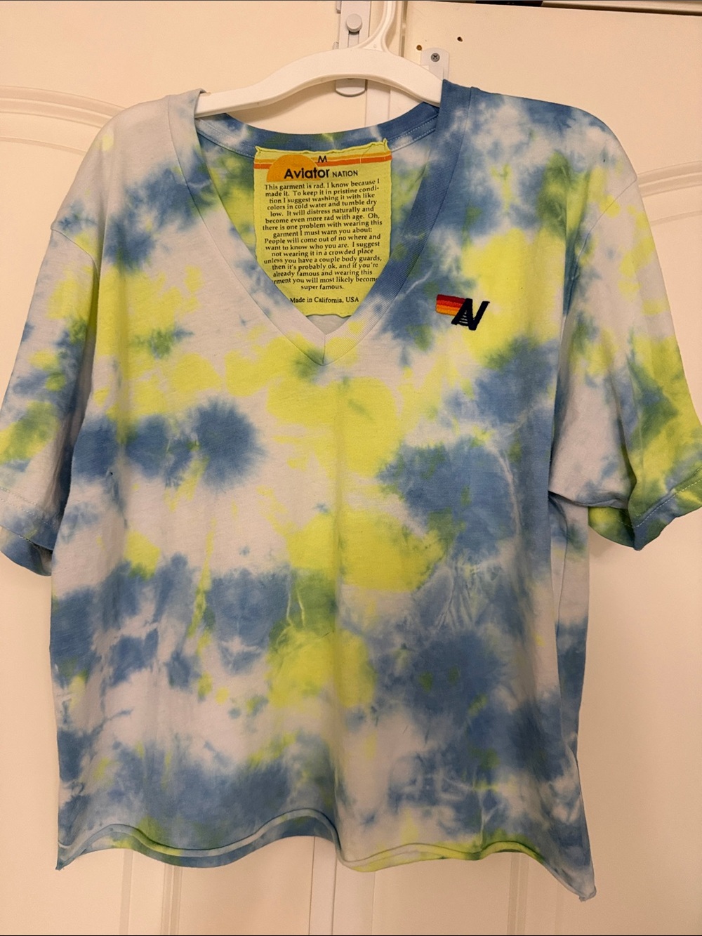 Aviator Nation Women’s Tie-Dye V-Neck Tee in Blue & Yellow-Green - M